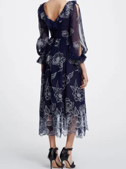 Long Sleeve Floral Tulle Chiffon Gown